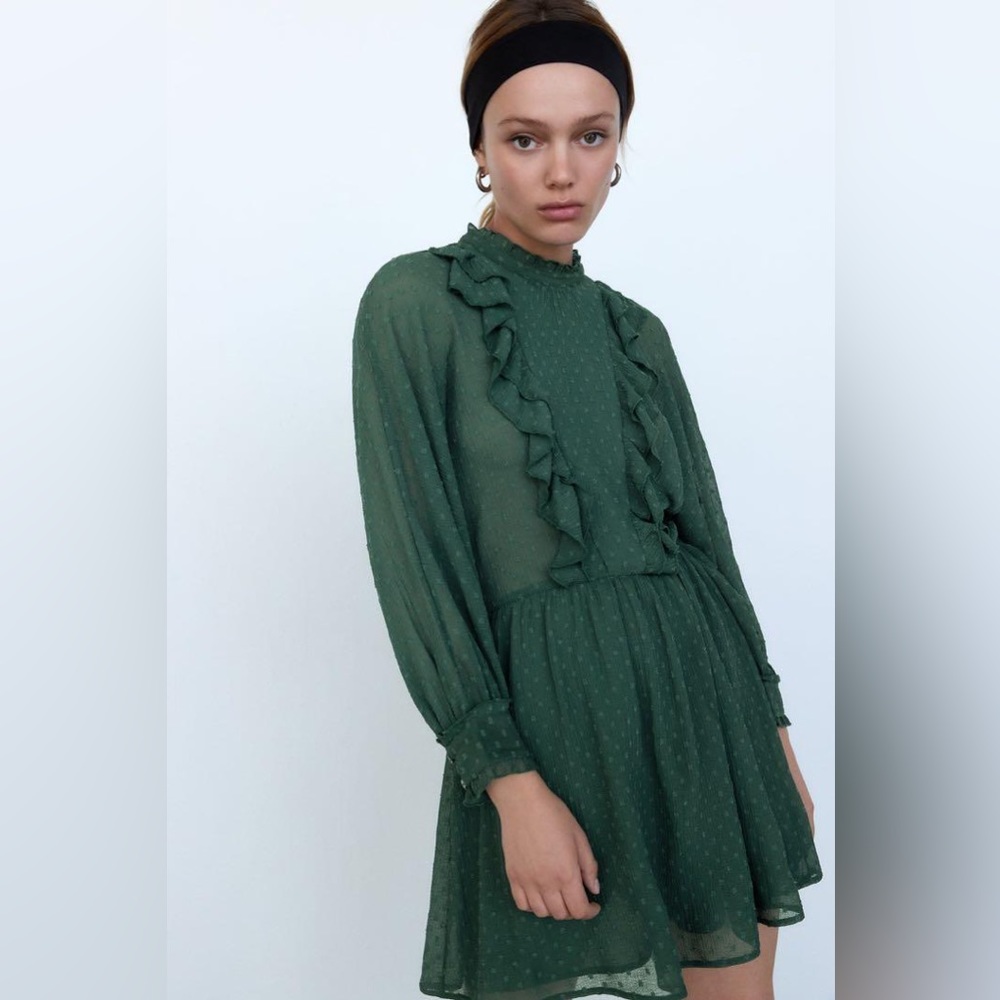 Zara TRF Green Ruffle Dot Mini Dress